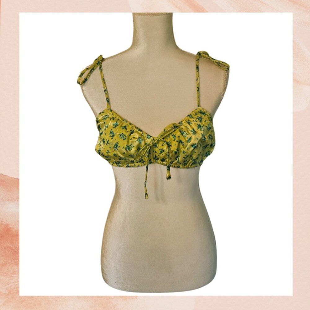 Satin Lime Green Floral Tiny Bralette Tank Top